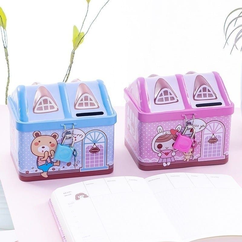 LM - CELENGAN KALENG Kunci Gembok SAVING BOX TEMPAT PENYIMPANAN UANG MOTIF RUMAH Tabungan Anak