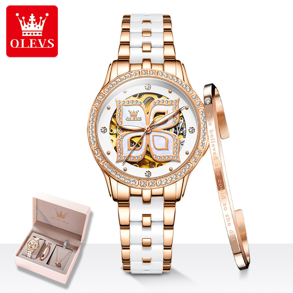 OLEVS Elegant amond Women's Watch Waterproof Women's Automatic Mechanical Watch Luxury Brand Skeleto