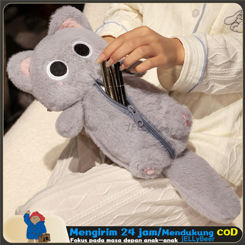 

Kantong Pensil Kucing Kartun Lucu Tas Penyimpanan Alat Tulis Besar Kotak Pensil Boneka Mewah Tas Kantong Pensil Kucing Abu-abu