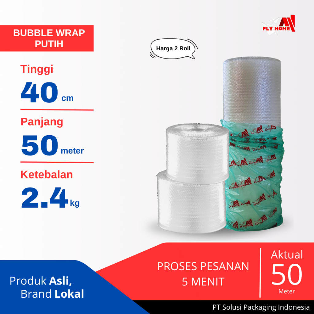 

FLYHOME Bubble wrap putih 40cm potongan 2,4kg 2 roll besar 40x50meter