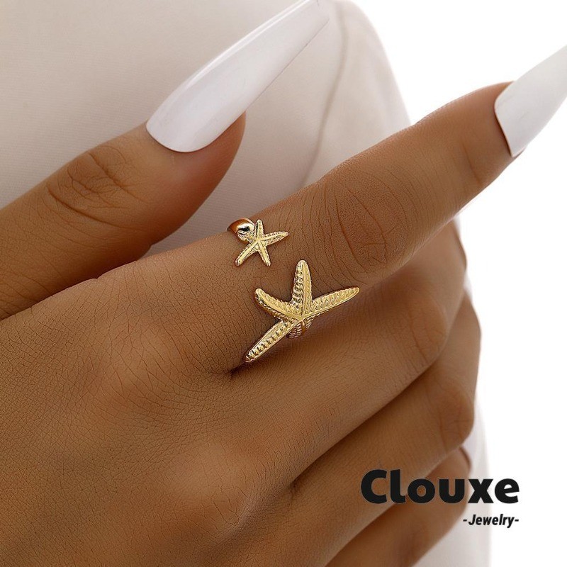 [Clouxe] Cincin Set Bintang Laut Kerang Buka Dapat Disesuaikan Unik Liburan Lautan Wanita F400