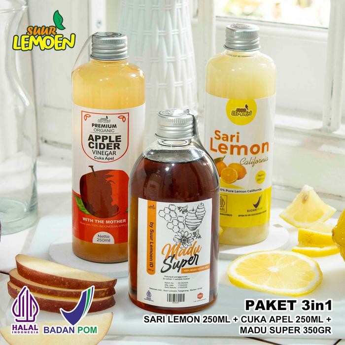 

SUUR LEMOEN BPOM Paket Cuka Apel 250 ml Sari Lemon 250 ml Madu Hutan 350 gr
