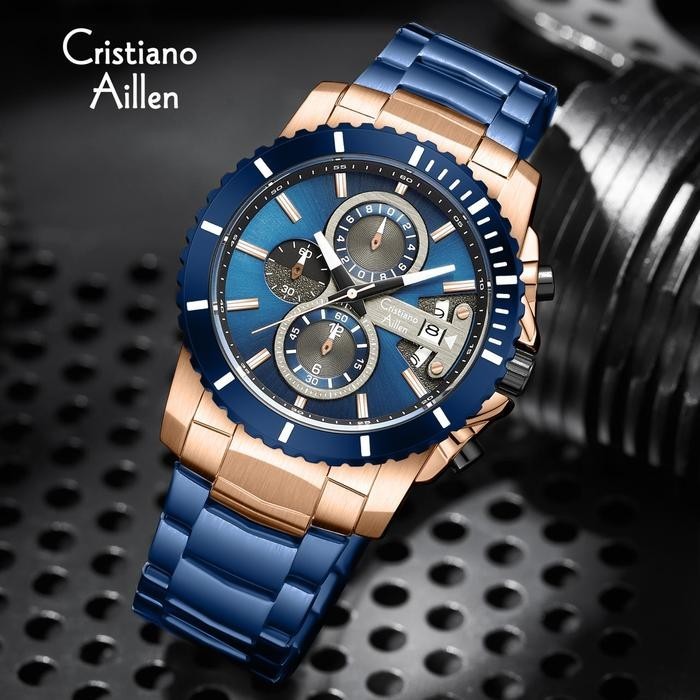 CristianoAillenJamTanganPriaAnalog8898RantaiStainlessSteelChronographKacaSapphireWaterResistant3ATMW