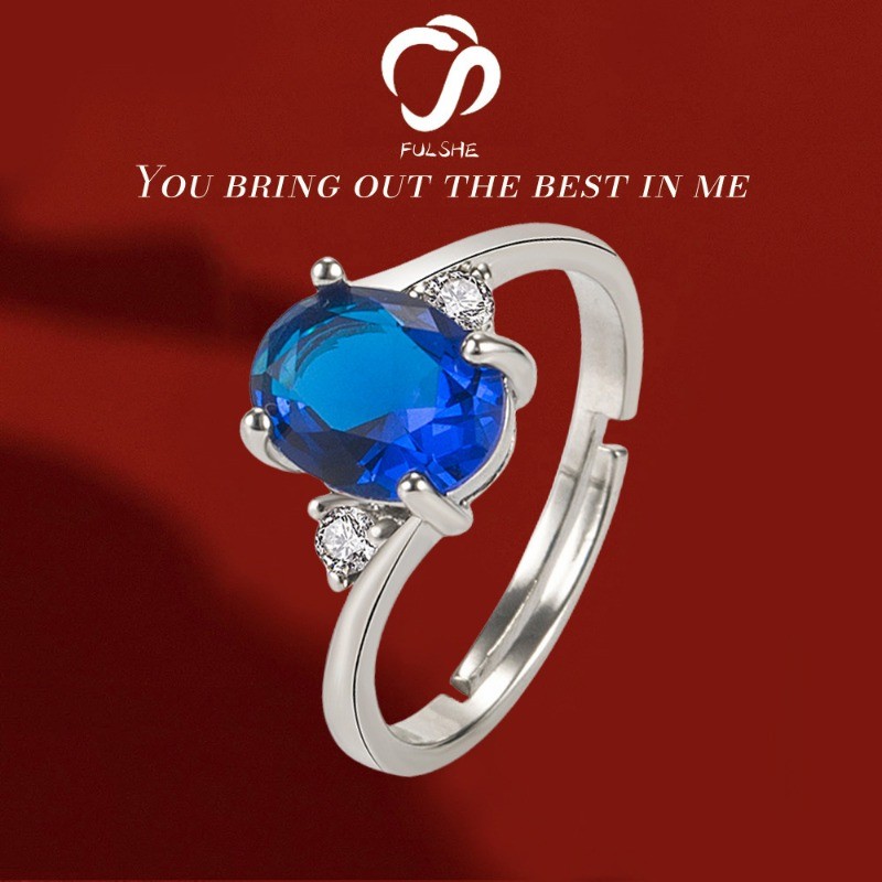 FULSHE Cincin Berlian Biru Oval Gaya Korea Untuk Wanita Fashion Ring Berlian Asli Terbuka