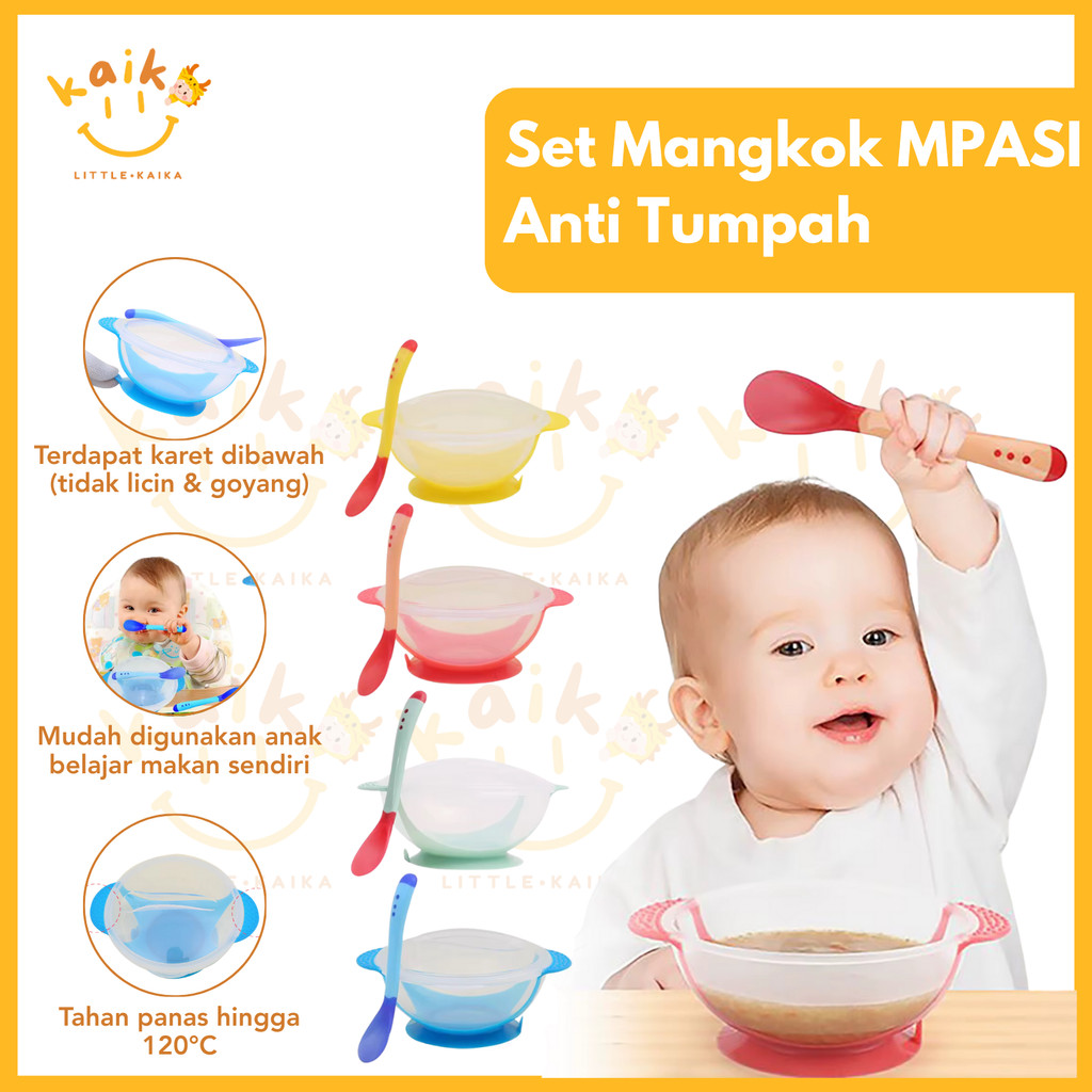 LITTLE KAIKA | MKN88 Set Makan Bayi Mangkok Anti Tumpah Sendok Silikon Piring Mangkok Bayi Baru Bela