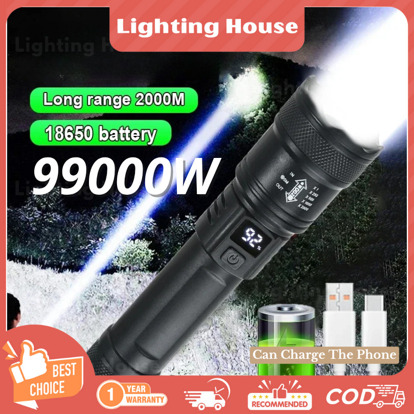 Lighting House(Garansi 1 Tahun) Senter LED Super Terang 10000 Lumens Tahan Air IPX4 Zoom USB Recharg