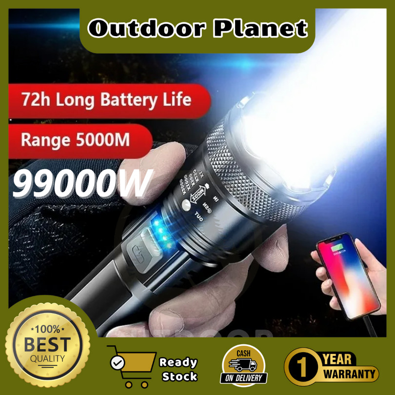 OUTDOOR Planet (GARANSI 1 TAHUN) Senter LED Super Terang 10000 Lumens Jarak Jauh Ringan Zoom USB Rec