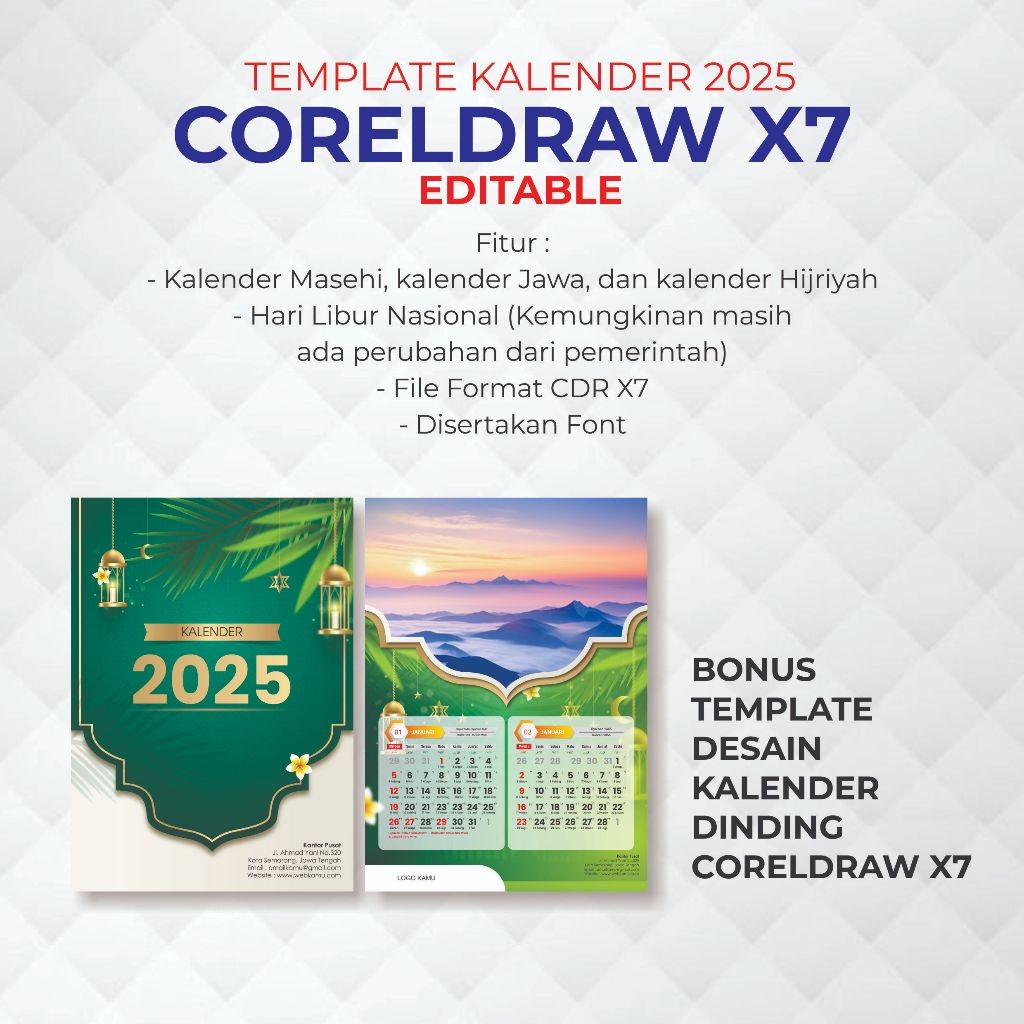 TEMPLATE KALENDER 2025 LENGKAP EDITABLE JAWA HIJRIYAH FORMAT CDR CORELDRAW X7 BONUS TEMPLATE DESAIN 
