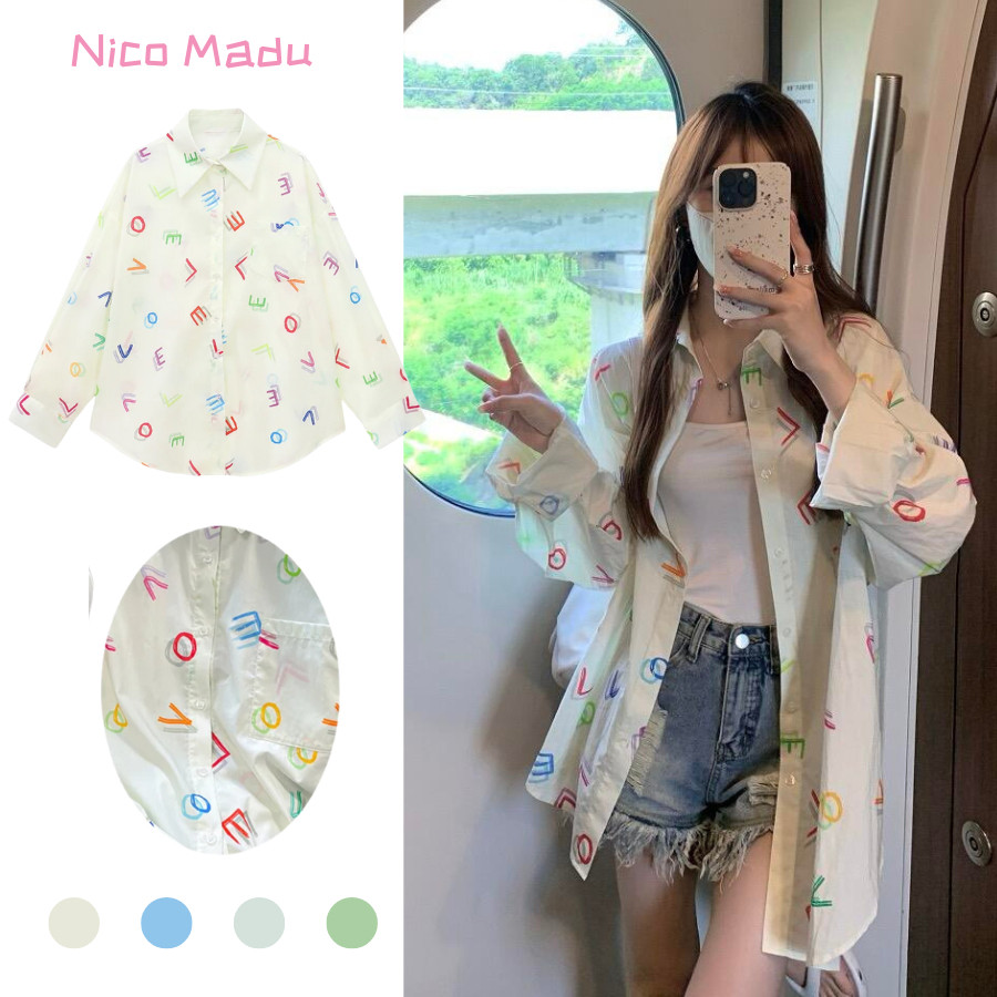 Aroana Kemeja Letter Print Import Premium Quality/Kemeja Motif Wanita Korean Style/Kemeja Putih Wani