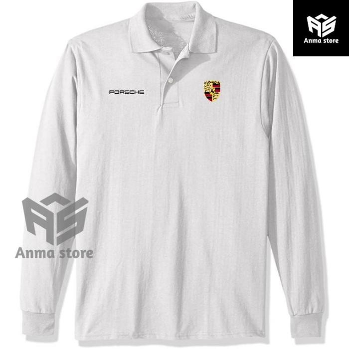 Longsleeve Kaos Kerah Polo shirt Lengan Panjang Porsche Terbaru Kaos Big Size Polo Big Size - Putih,