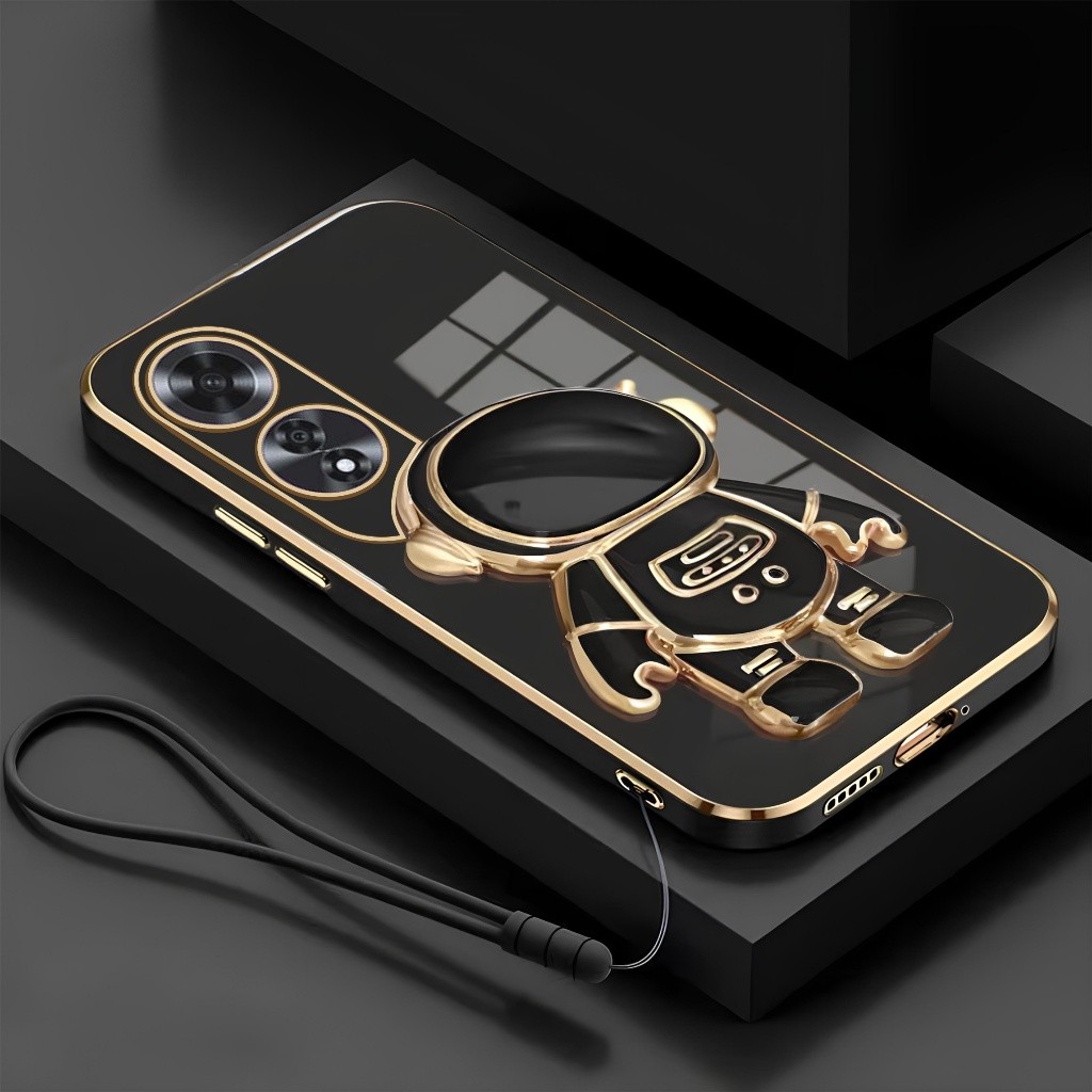 Soft Case Import Oppo A60 A57 A77 A77s Dudukan Lipat Astronot Plating Free Tali Lanyard Hp