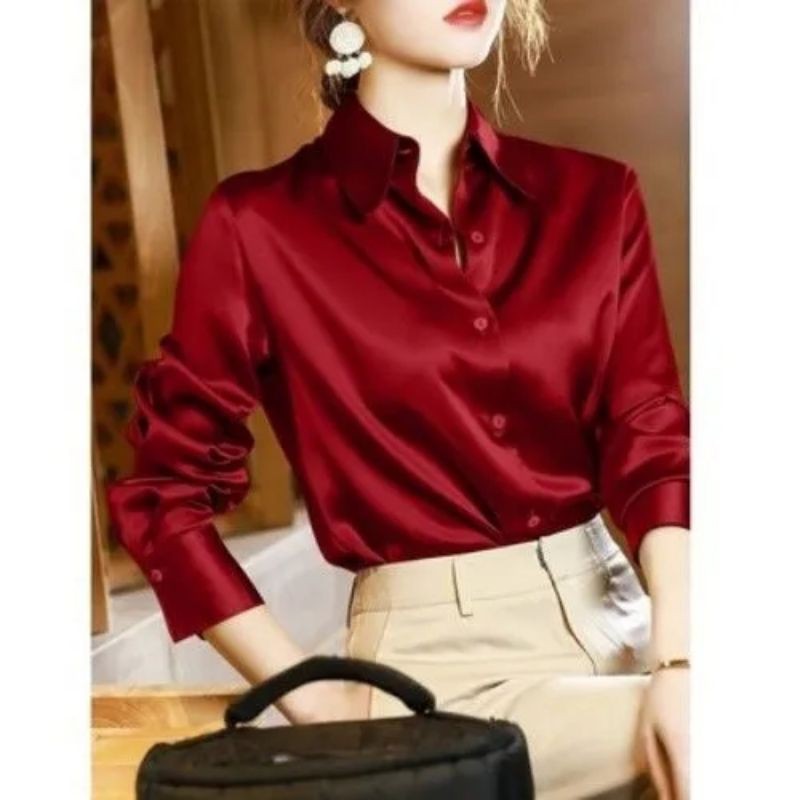 [NEW] KEMEJA ATASAN SATIN MAROON IMPORT LENGAN PANJANG TERMURAH KEKINIAN/KEMEJA WANITA MEWAH KUALITA