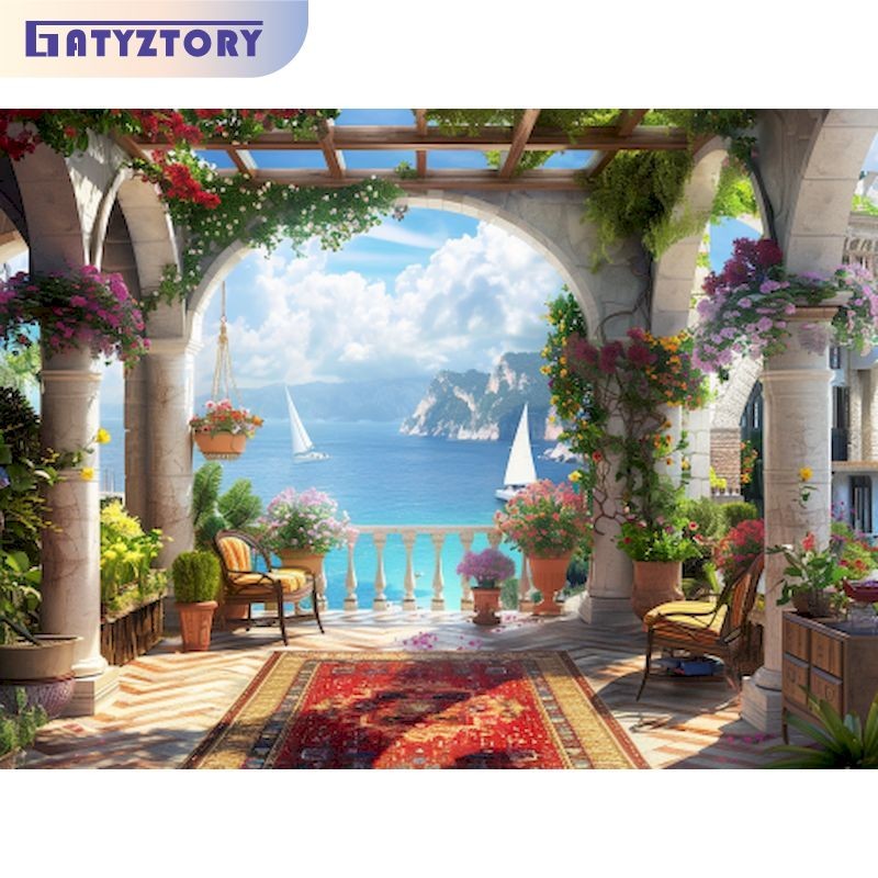 

GATYZTORY Acrylic Painting By Numbers Balcony Landscape Coloring On Numbers For Adults Diy Gift Home Decors Paint Kit Handmade
