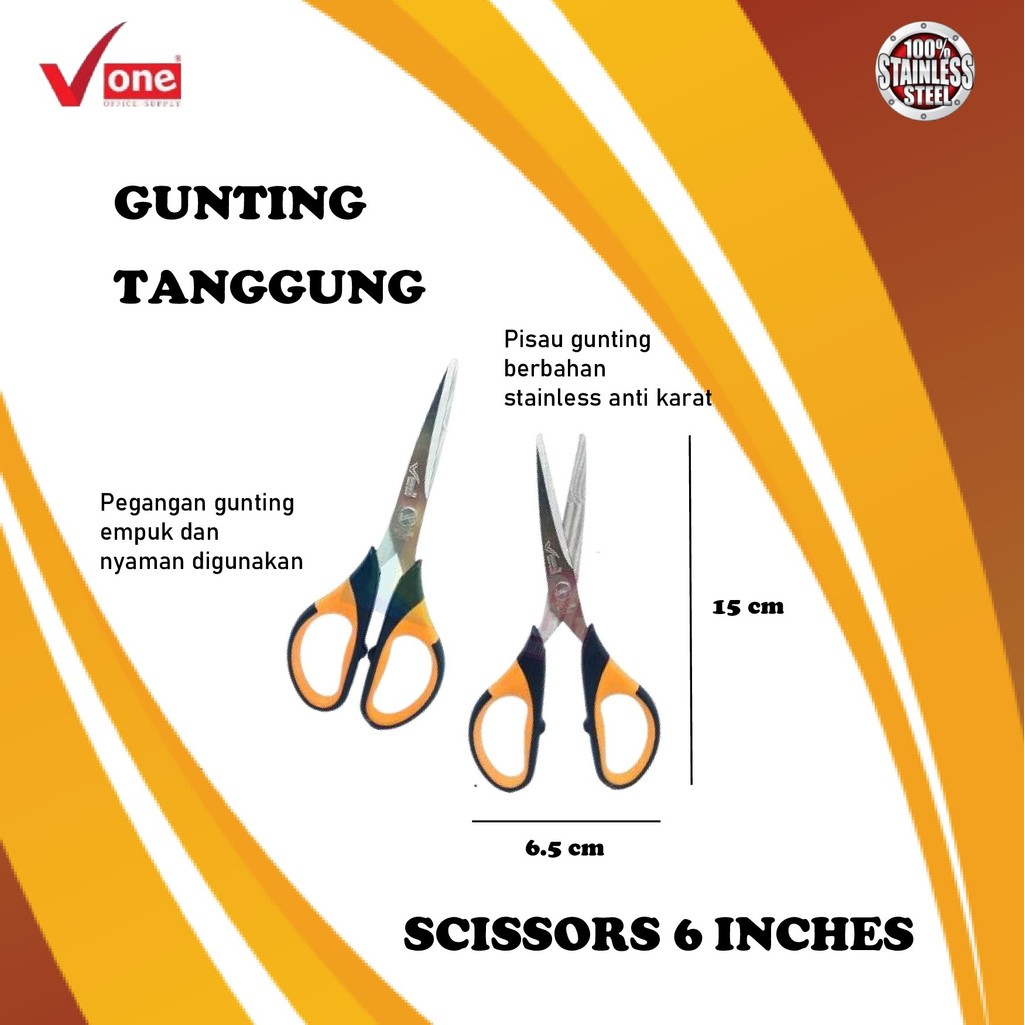 

V ONE Gunting Tanggung Scissors Pemotong Kertas Plastik Stainless Steel 6 Inches 15 Centimeter