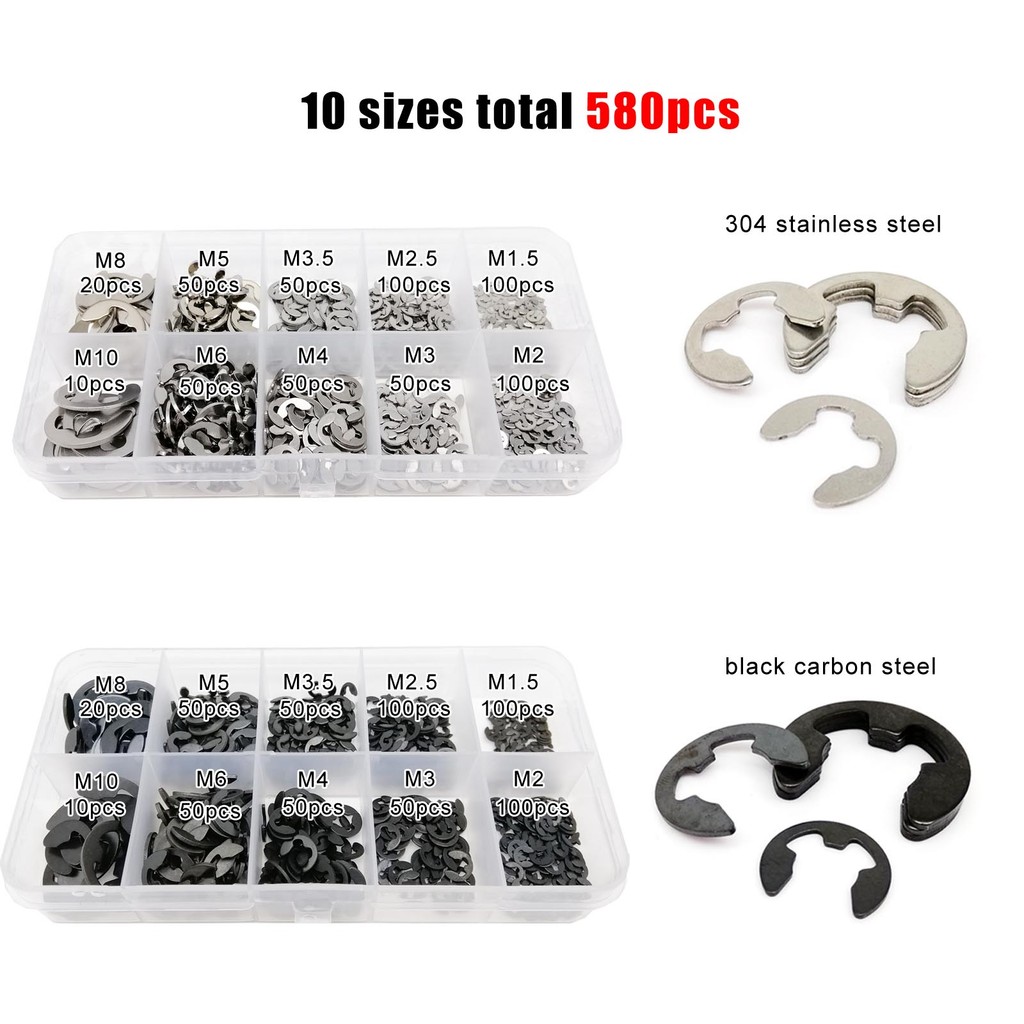 

580pcs/set Assortment Kit 10 sizes 1.5-10mm Black or Stainless Steel Shaft External Retaining Ring E Clip Snap Circlip Washer
