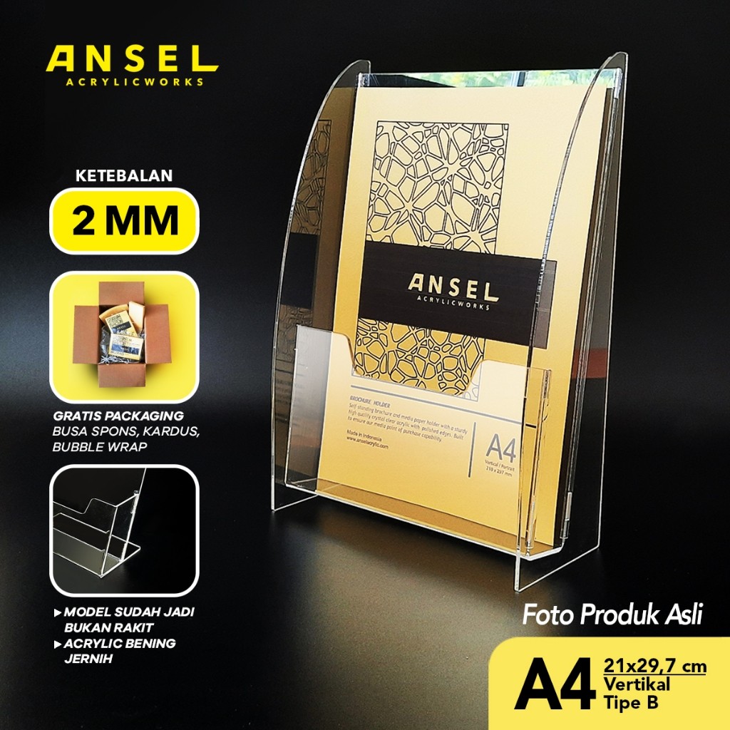

ANSEL Tempat Brosur Akrilik / Acrylic Flyer Holder - A4 - Tipe B Bening /3 mm