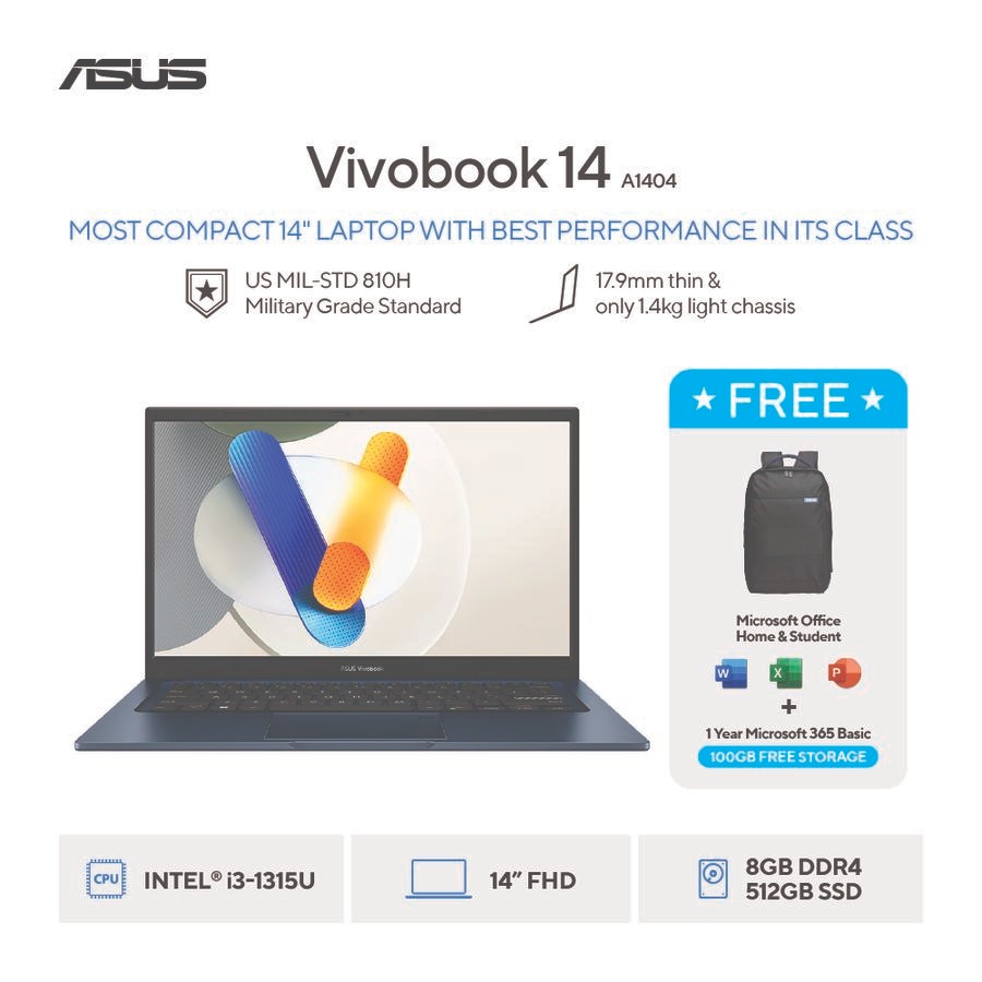 ASUS Vivobook 14 A1404VA-FHD3851M / A1404VA-VIPS3851M - Quiet Blue [Intel Core i3-1315U / Intel UHD 