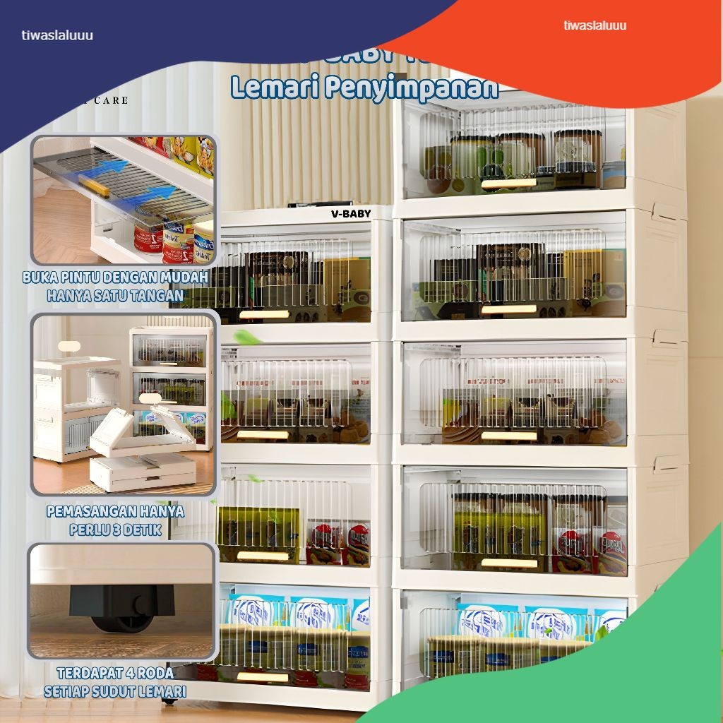 (Tidak Perlu Instalasi) Rak Kabinet Susun Lipat/Rak Buku Serbaguna Ada Roda/Lemari Plastik Lipat Sus