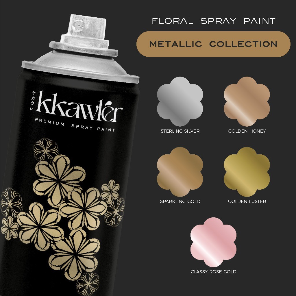 Premium Floral Spray Paint Cat Pilox Bunga KKAWLER - Metallic Rose Gold Metalic Silver Metalik Emas 