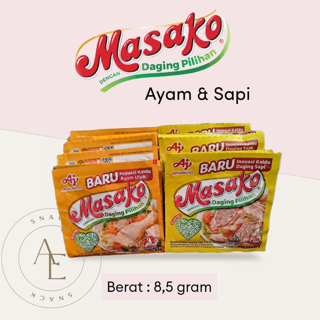 

Bumbu Masak Masako dengan daging pilihan dari Ajinomoto kemasan renceng isi 12 sachet X 8,5 gram