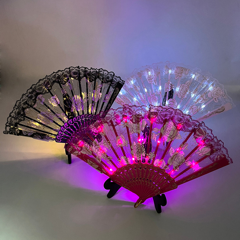 

Glowing Lace Rose Fan Lighting Up In The Dark Night Party Luminou LED Fan For Girls Ladies Women Dancing Music Performance