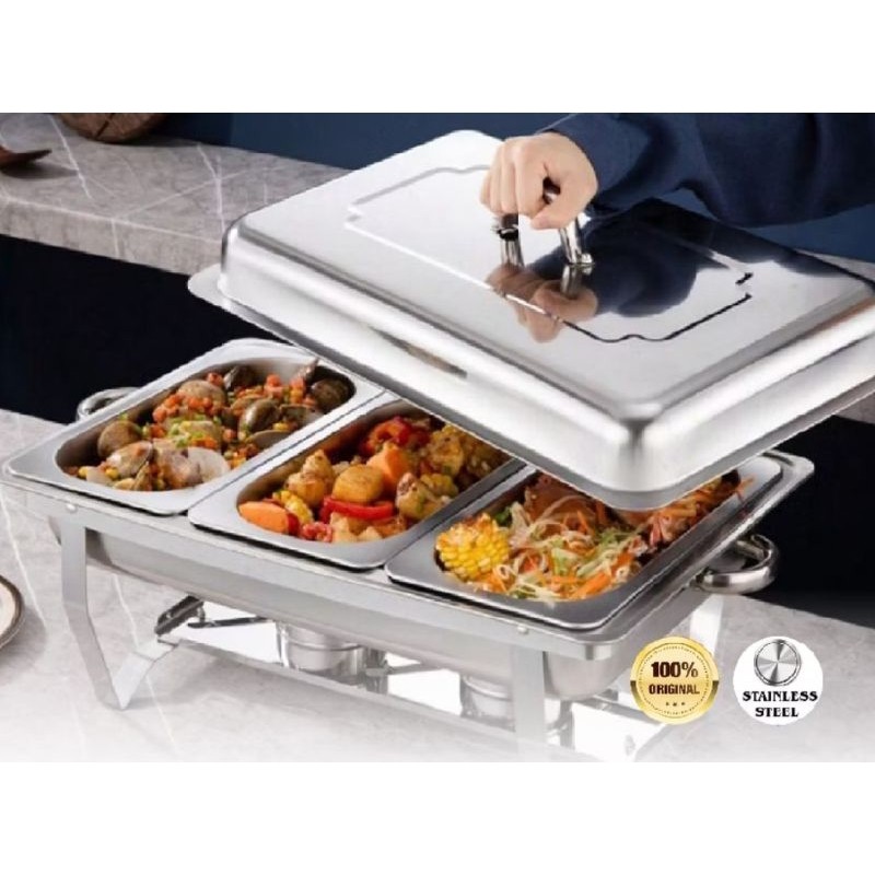 Wadah Prasmanan Buffet Square Chafing Dish Stainless 2 Sekat & 3 Sekat