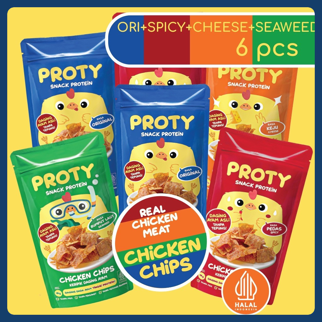 

PROTY Camilan Sehat Keluarga Chicken Chips Ori(2 pcs)+Pedas(2 pcs)+Keju(1 pcs)+RumputLaut (1 pcs)
