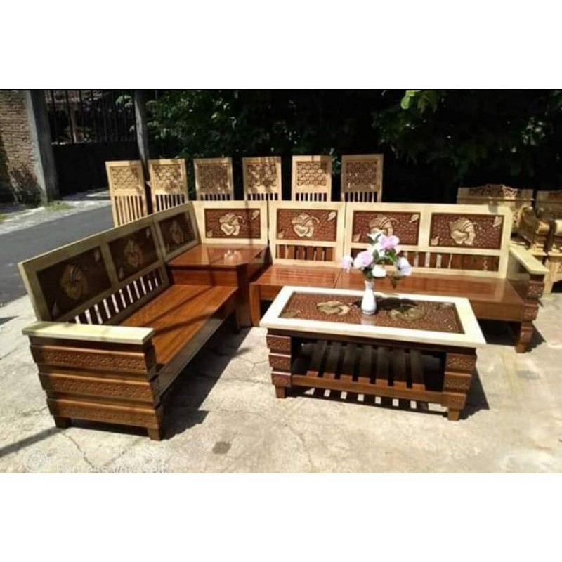 Kursi Tamu Kayu Jati Ukiran Jepara - Kursi Tamu Sudut Jati Jepara - Meja Tamu Jati Ukiran Jepara