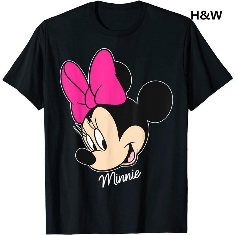 [H & W] Mickey dan Teman Minnie Mouse Wajah Besar Kemeja Katun untuk Pria dan Wanita Pakaian Berkual