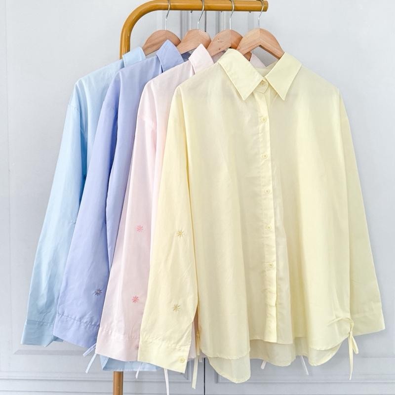 Closetlovers - Kemeja oversized wanita ghea flowers bordir lengan katun poplin pastel kuning pink bi