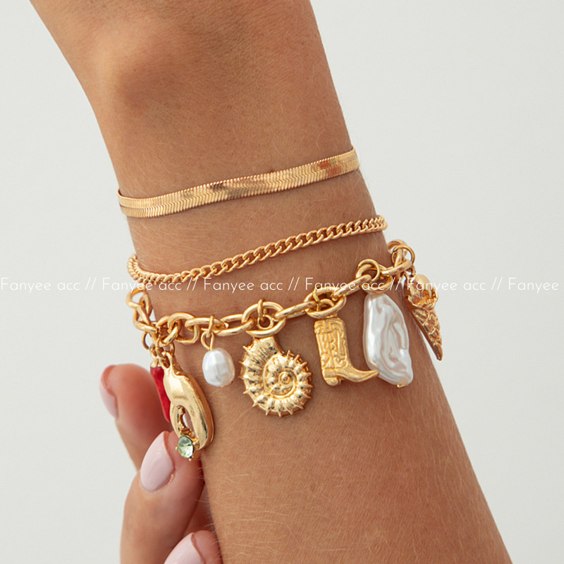 [Fanyee] gelang logam emas siput cakar kepiting cabai kecil mutiara rantai tulang ular desain detail