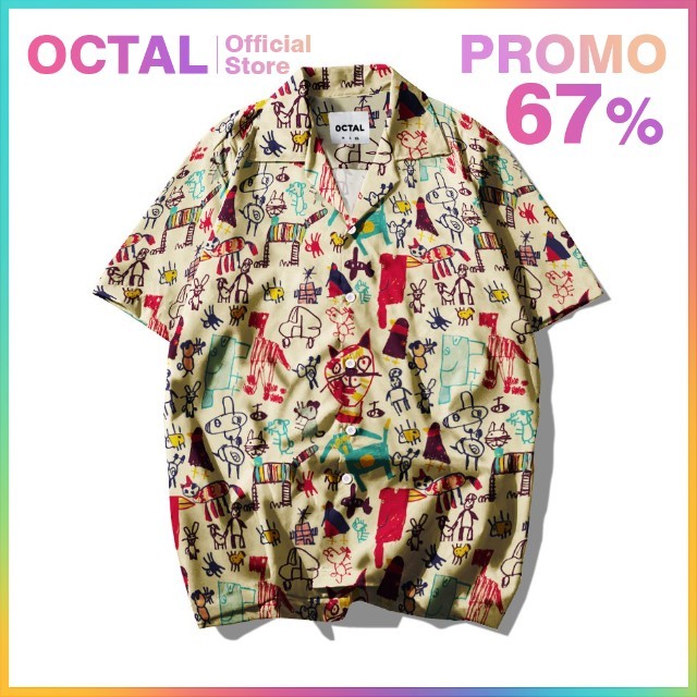 OCTAL - Kemeja Motif Pattern Pantai Printing Kasual Pria - Wanita KMP-0243