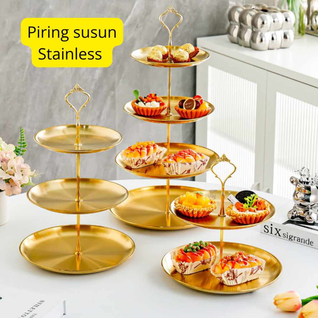 HHS Menara Kue Susun 2-4 Tier Golden Stainless steel Dessert Stand Emas Menara Kue Piring Aesthetic 