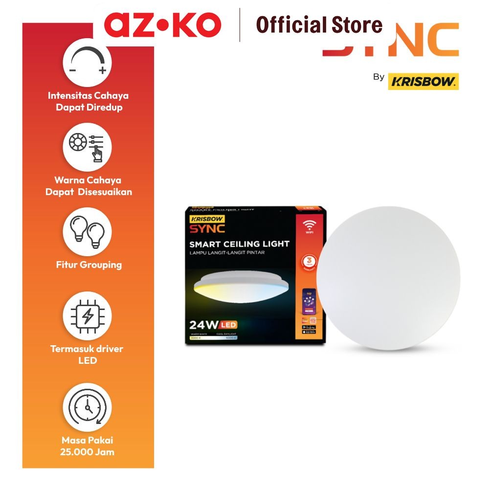 AZKO Krisbow Sync Smart Lampu Langit-Langit Wifi 24 watt Plafon Led Ceiling Lamp Sorot Downlight 3 W