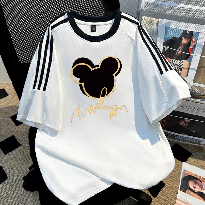 KOIKOO Kaos Wanita Kekinian Lengan Pendek Fashion Disney Mickey Mouse Pattern Print Three Bergaris B