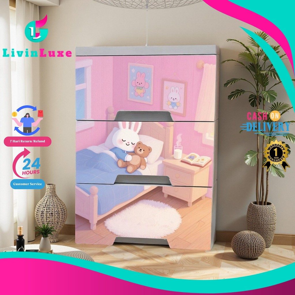 LivinLuxe - Lemari Laci Plastik 3 Susun Gambar Kartun Lucu Warna Cerah Ringan Mudah Dipindah Cocok U