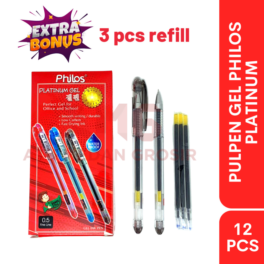 

TERLARIS PULPEN GEL PHILOS PLATINUM PER BOX ISI 12PCS (FREE 3 REFILL)