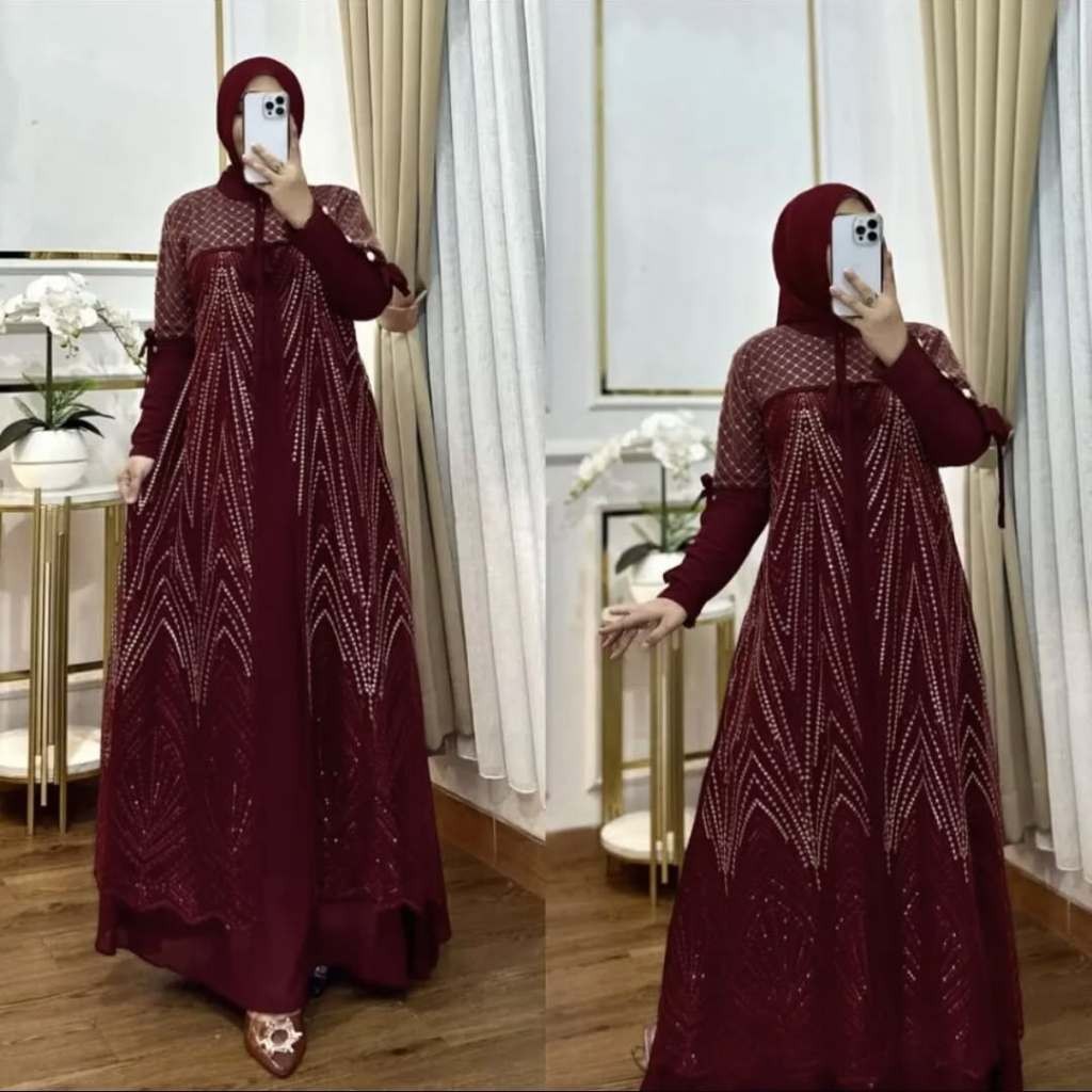 DEVIY BERKAH STORE Baju Pesta Mewah Raisa Dress BL Ceruty Baby Doll Mix Brukat Gamis Wanita Elegan S