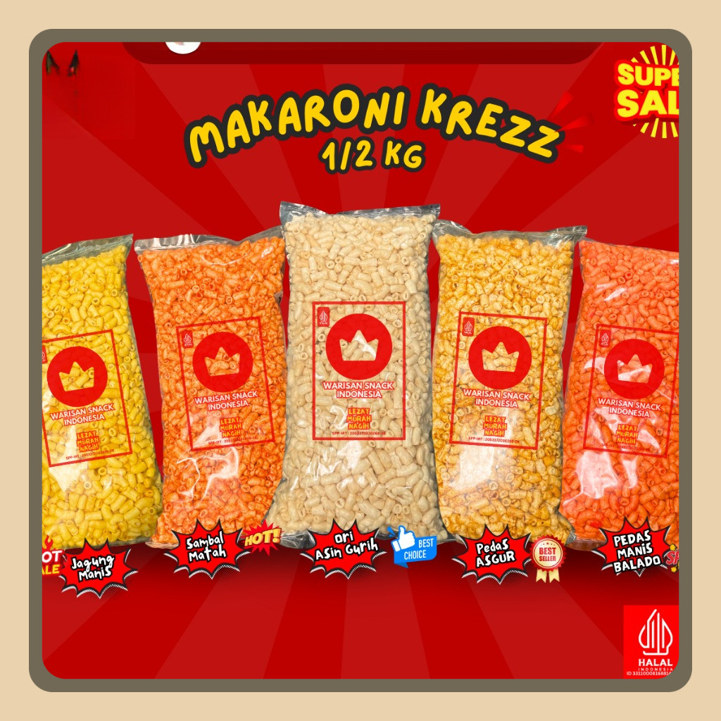 

(1/2 Ball) KERUPUK MAKARONI BANTAT WARISAN SNACK INDONESIA (500gr), Makanan Ringan Krupuk Cemilan Murah halal pedas daun jeruk