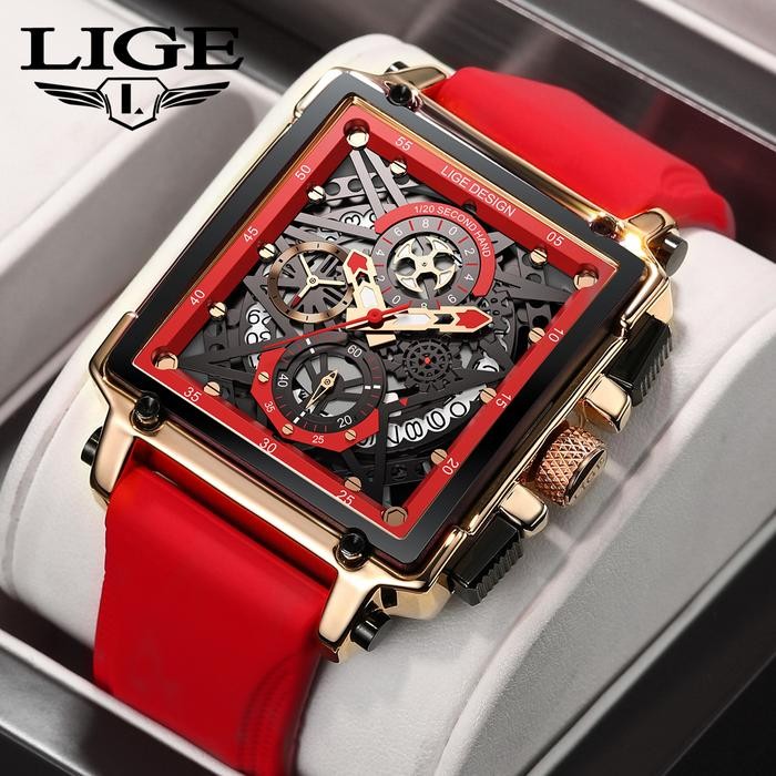 LIGE Jam Tangan Pria Skeleton Square Bermerek Mewah Jam Tangan Kuarsa Pria Tahan Air Tanggal Otomati