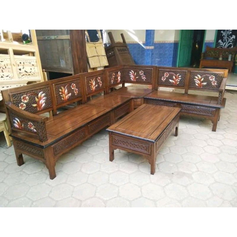 Furniture kursi tamu model sudut blok minimalis / kursi model jati minimalis untuk ruang tamu kecil 