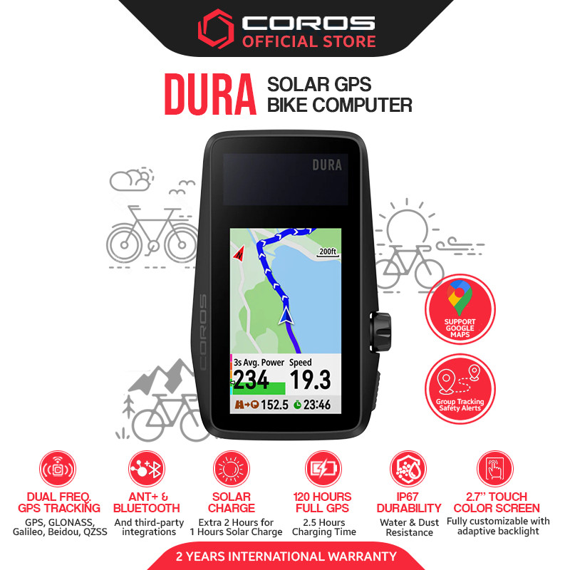 Coros Dura Solar GPS Bike Computer 120 Jam Baterai