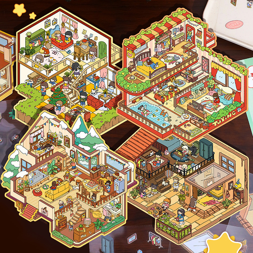 

Plus Size Cartoon Party Theme 3D Landscape Sticker DIY Pocket Cabin Scene Stacking and Pasting Gift for Kid Child Student