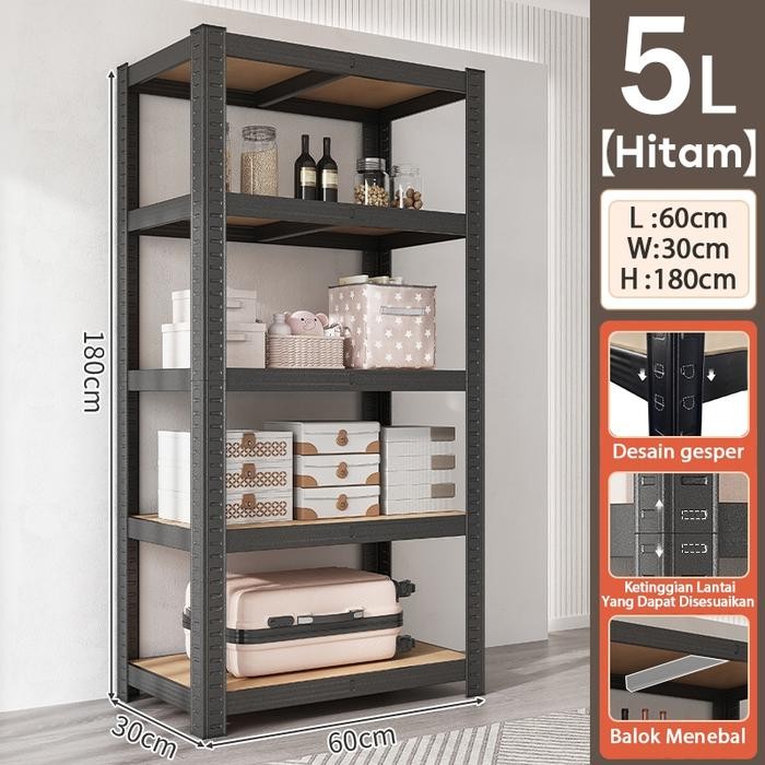 Rak Besi Serbaguna Siku 5 Susun 120x40x180CM Putih untuk Gudang dan Aquarium - 5L 30×60×180 Hitam