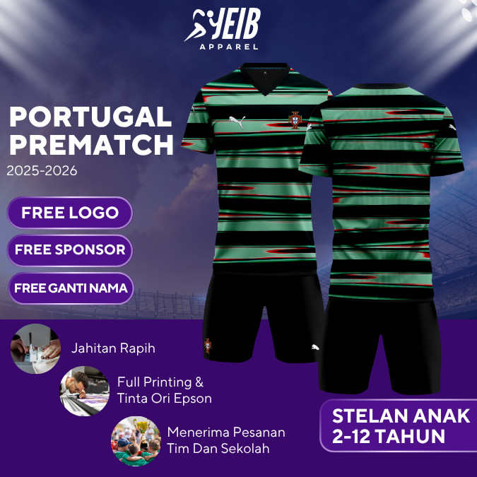 JERSEY BOLA ANAK PORTUGAL PREMATCH 2025-2026 PIALA EURO FULL PRINTING GRATIS NAPUNG, LOGO, SPONSOR