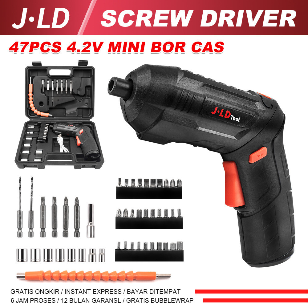 JLD Mesin Bor Obeng Elektrik Cordless Screwdriver 4.2V Mesin Bor Cordless Mini 47Pcs Set Bor Mini Sc