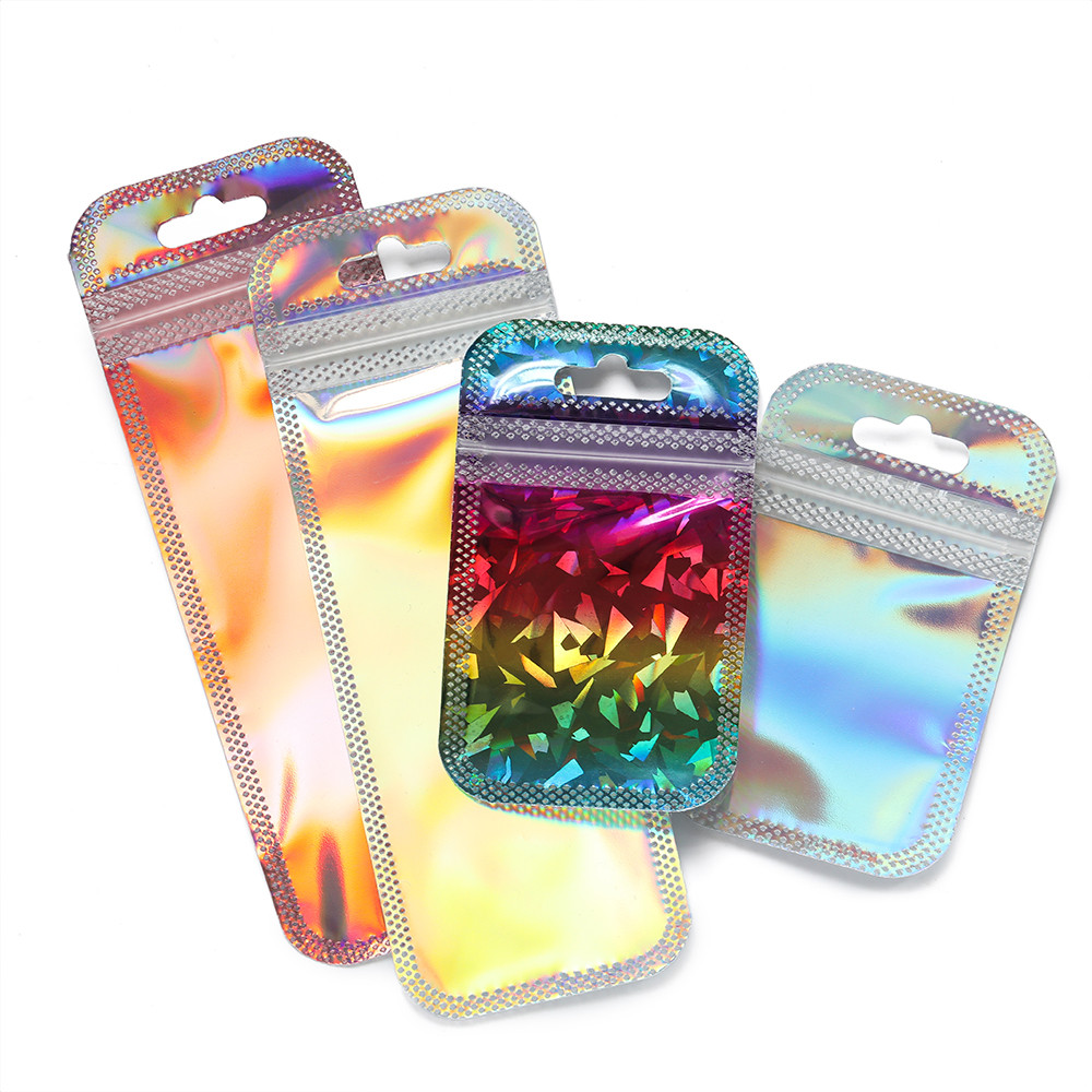 

50pcs Pink Laser Ziplock Bag Holographic Self-Sealing Pouch For Earring Display Jewelry Gift Packaging Small Supplies Organizer