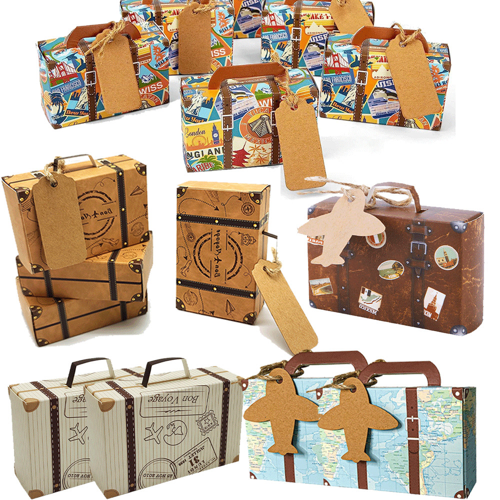 

5pcs/10pcs Mini Travel Box Candy Box Birthday Wedding Travel Theme Party Gift Box Kraft Paper With Retro Label Decoration2025New