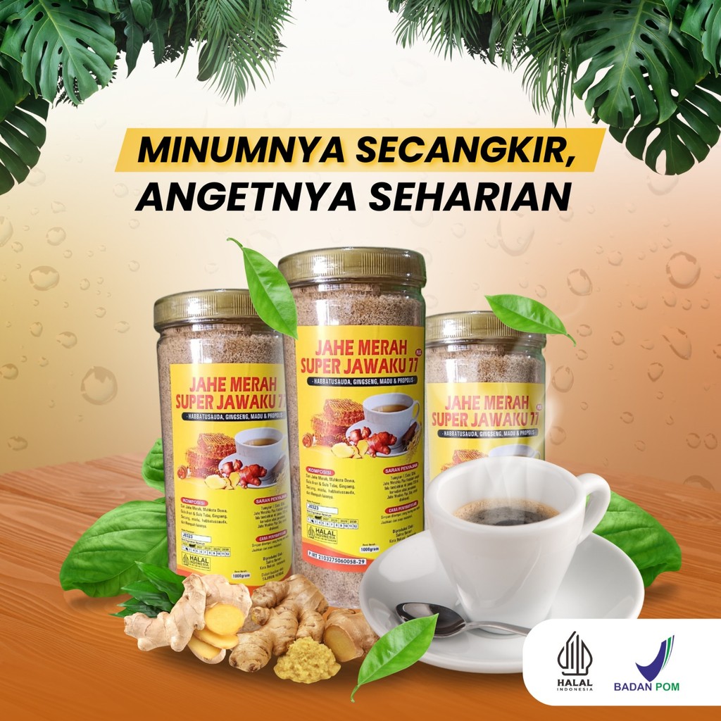 

Jahe Merah Bubuk Super Jawaku77 Plus Ginseng dan Propolis kemasan Baru 1kg dan 330gr