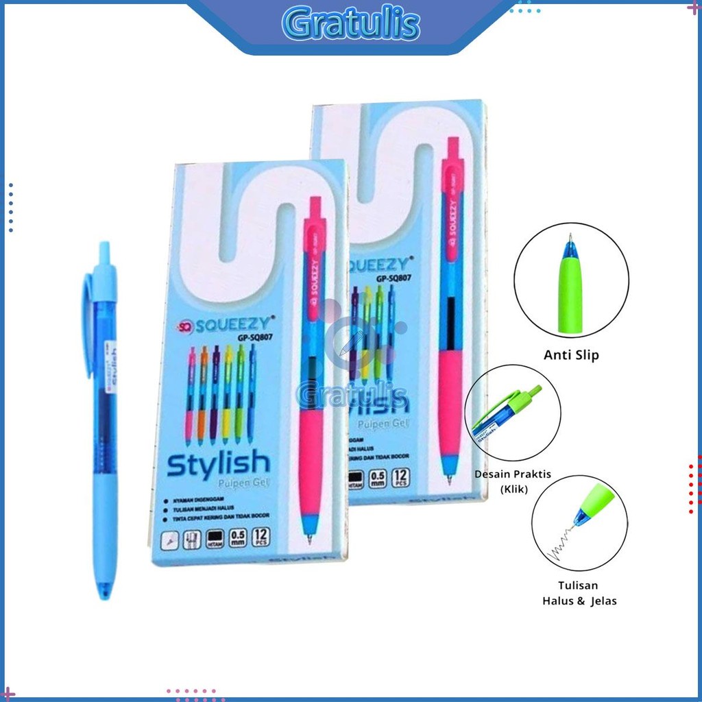 

BALLPOINT GEL PEN CLICK SQUEEZY GP-SQ807 [1 PACK / 12 PCS] / PULPEN GEL TEKAN / PENA TINTA HITAM / BALPEN BOLPOINT JEL 1 PAK / ALAT TULIS SEKOLAH KANTOR / POPLEN 1 BOX
